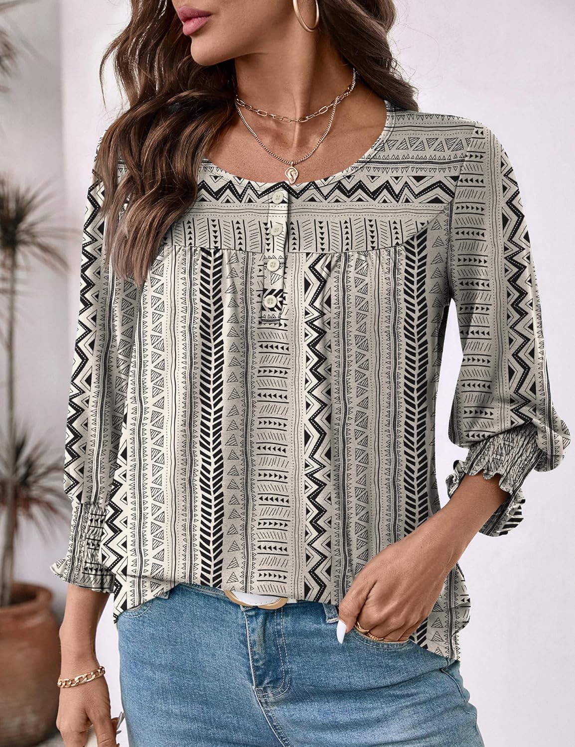 AKEWEI 3/4 Length Sleeve Womens Tops 2026 Fashion Summer Tops for Women Crewneck Casual Loose Fit Pleated Top - Image 2