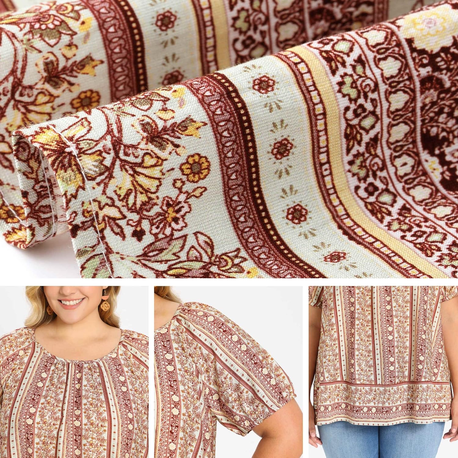 Plus Size Tops for Women Casual Boho Floral Print Round Neck Puff Sleeve Summer Vacation Blouse Top - Image 5