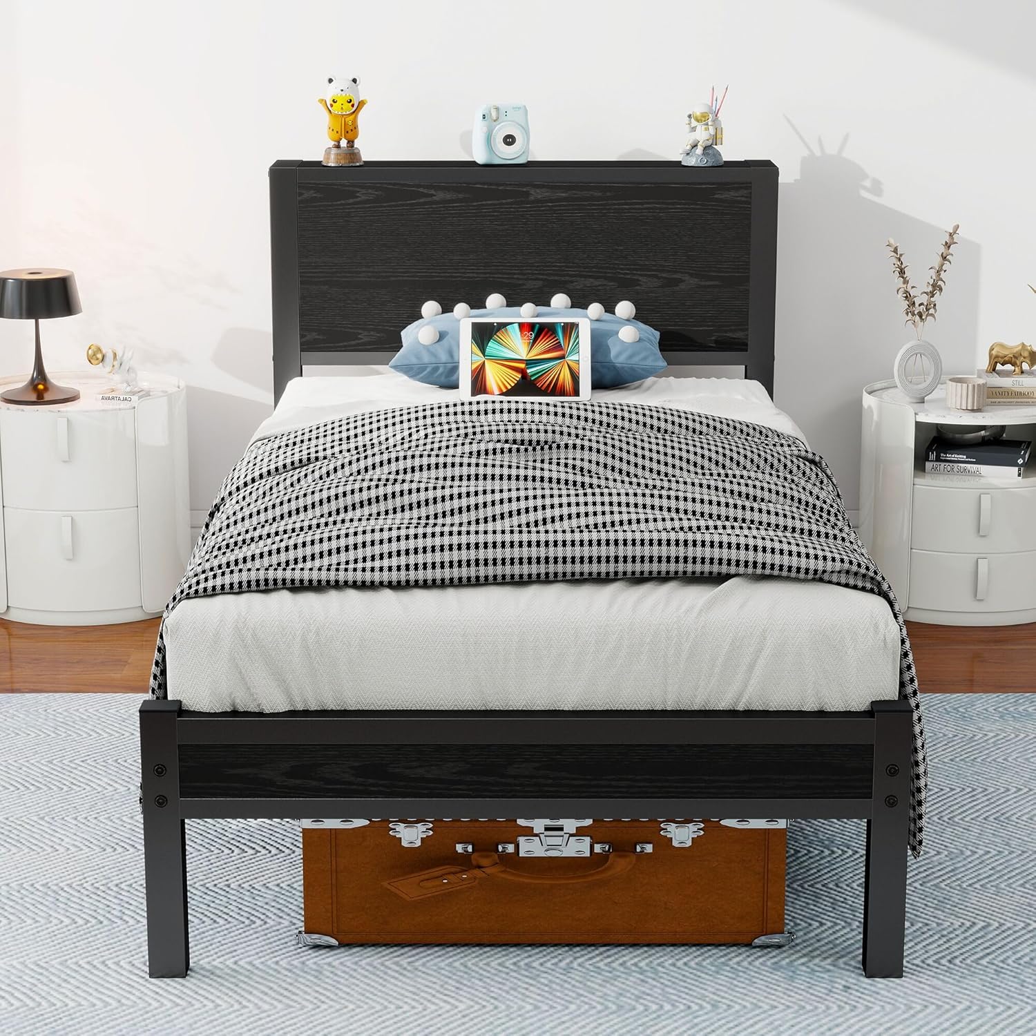 Twin Bed Frame with Wooden Headboard, Single Bed Frame Twin Size, Metal Platform Bed Frame, Heavy Duty/Mattress Foundation/No Box Spring Needed/Black