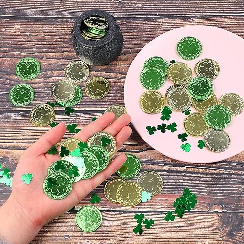 Miniatura 3 de LOMIMOS Decoraciones de mesa del día de San Patricio, 120 monedas de plástico de buena suerte y chispas de confeti de trébol de 1 onza para