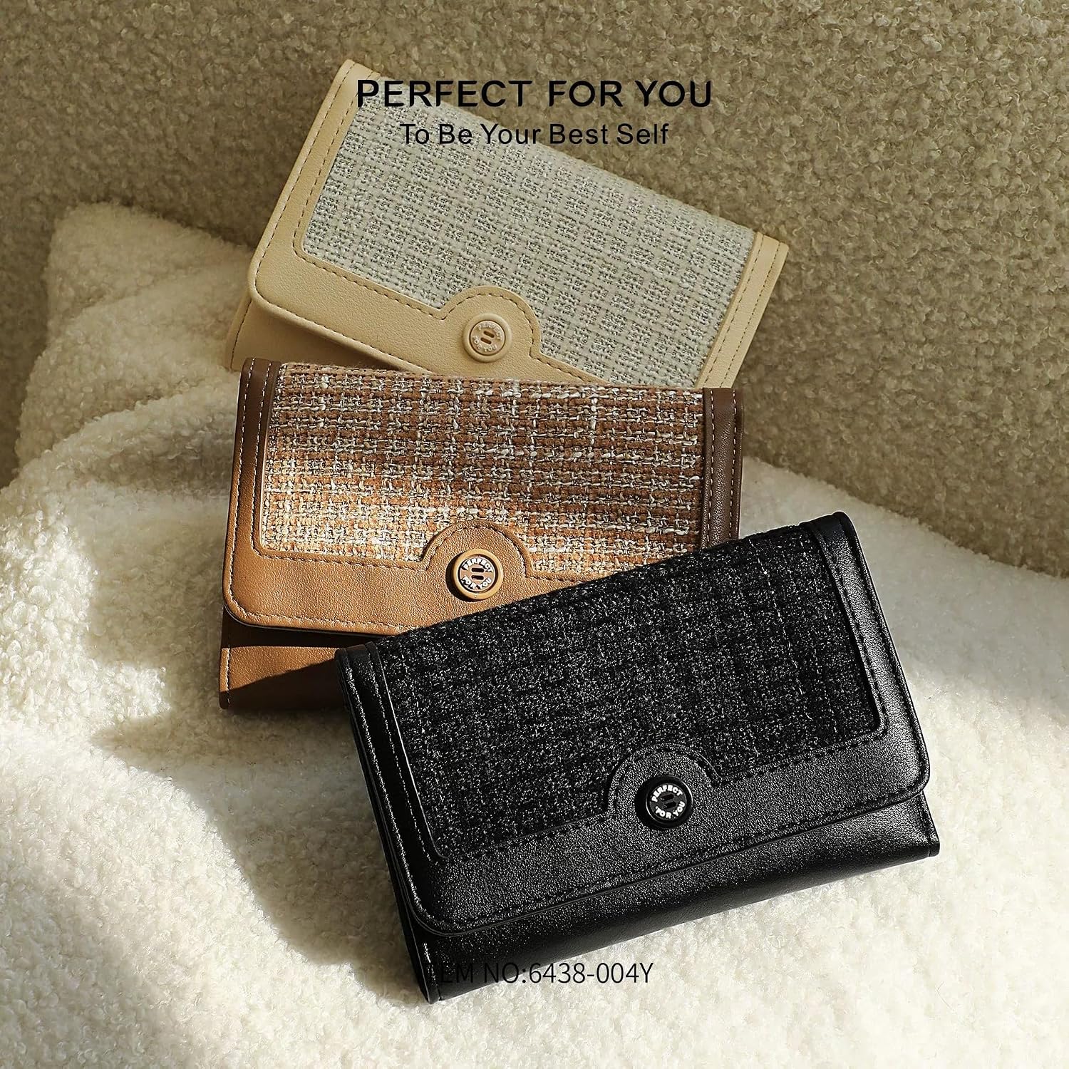 Star Tok Women's Clutch Wallet, PU Leather Woven Print Credit Card Holder, Tri-fold Zipper Coin Purse with ID Window (Black)