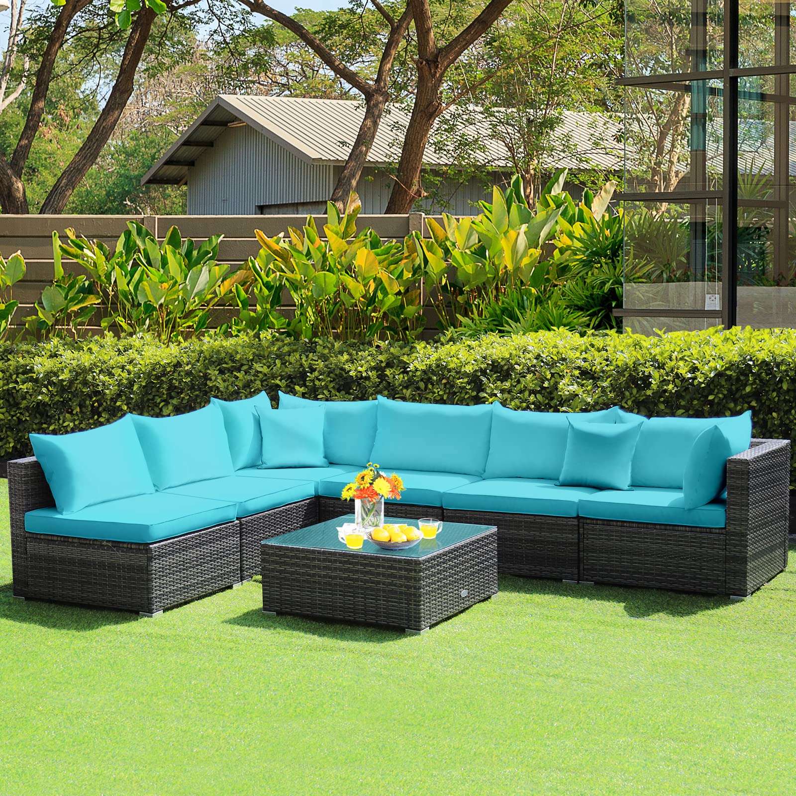 Juego De Jardín De Ratán 7 Piezas: Sofá 2 Plazas, Sillas, Mesas Y Otomanas - Ideal Para Terraza O Balcón