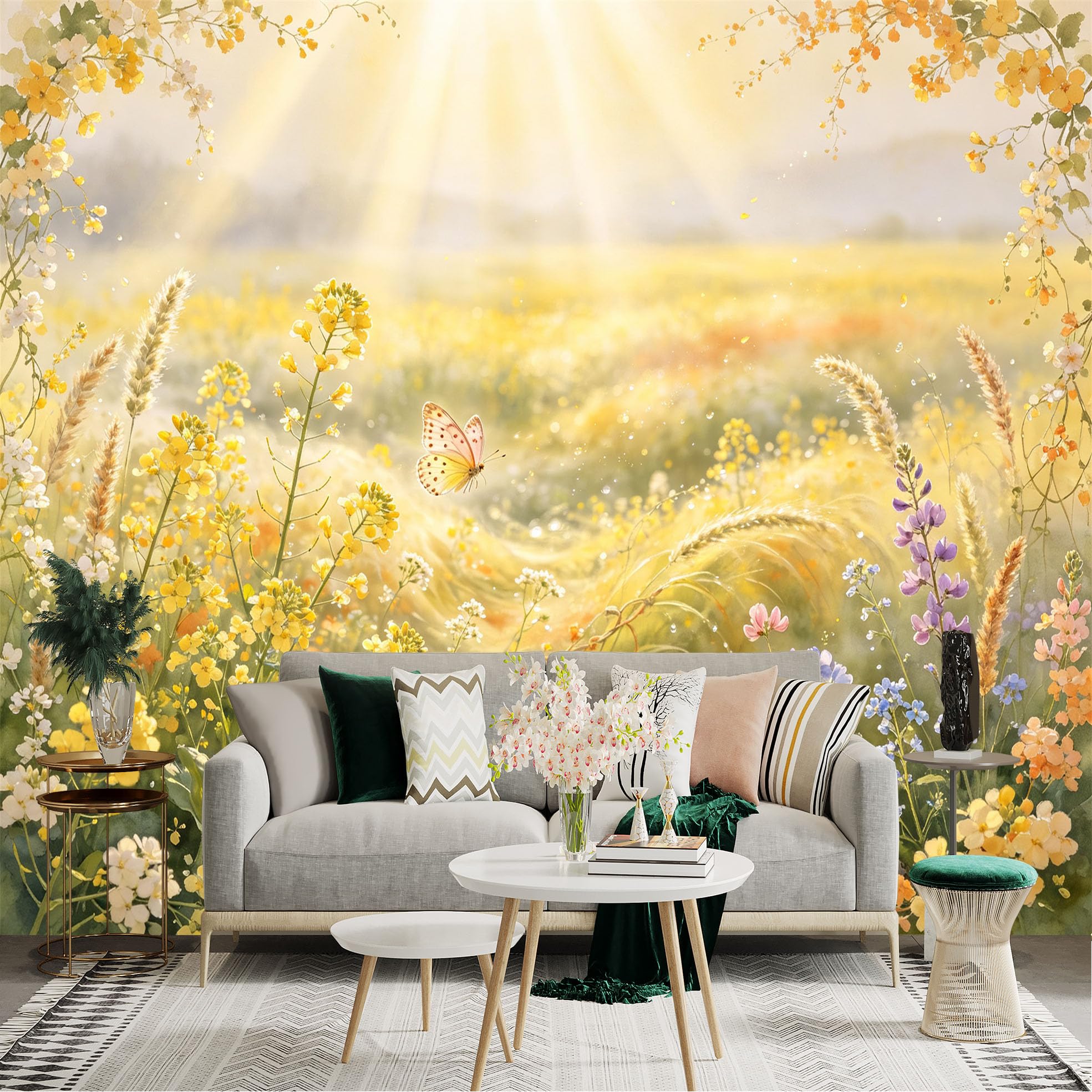 Lnzczhyre Bh260719317 Custom Size Wall Sticker Mural， Sunlit Wildflower Meadow With Butterfly And Golden Light， For Wall Decoration， Peelandstick Wall Decals.