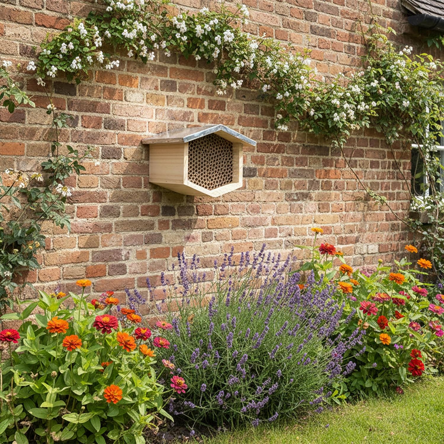 Relaxdays Bee Hotel, Wood with Galvanised Metal Roof, Reed Tubes, Hanging Insect Shelter, Natural/Silver, 17 x 21.5 x 20
