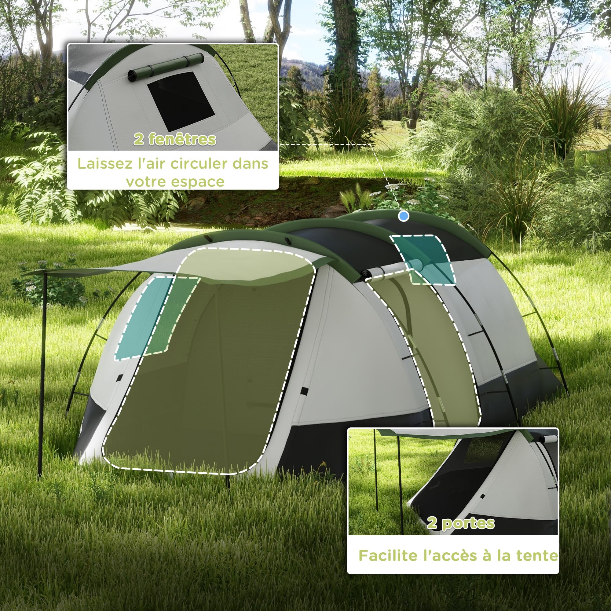Tente Tunnel Outsunny, Tente De Camping Pour 6-9 Personnes
