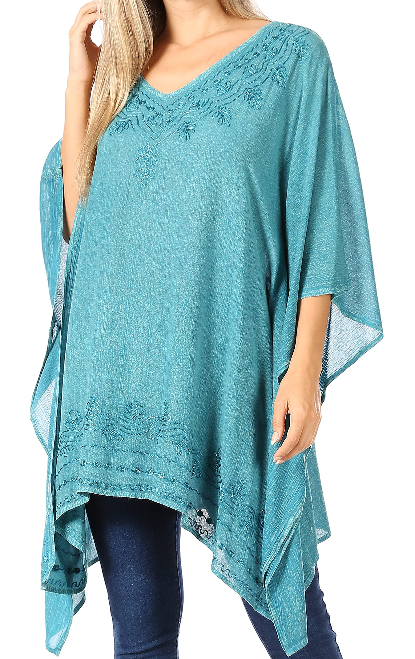 Sakkas Women's Teal K2022s - Wren Lightweight Circle Poncho Top Blouse With Detailed Embroidery - Os