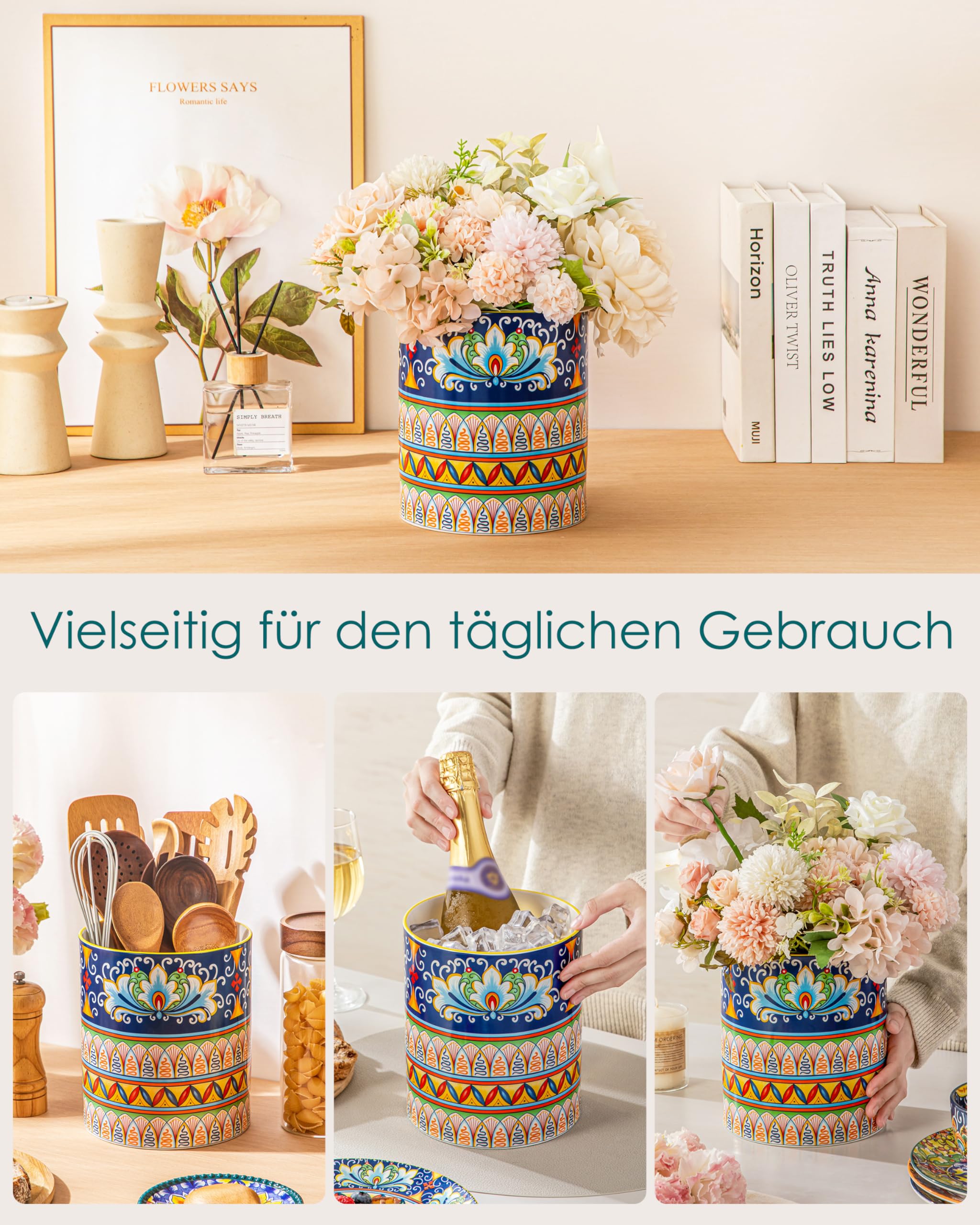 vancasso 2-tlg Küchenutensilienhalter, 18,6 cm + 14 cm Keramik Utensilienhalter im Boho-Stil, Behälter für Küchenutensilien, Kitchen Utensil Holder für Spatel & Löffel, Zenit-Harmonie