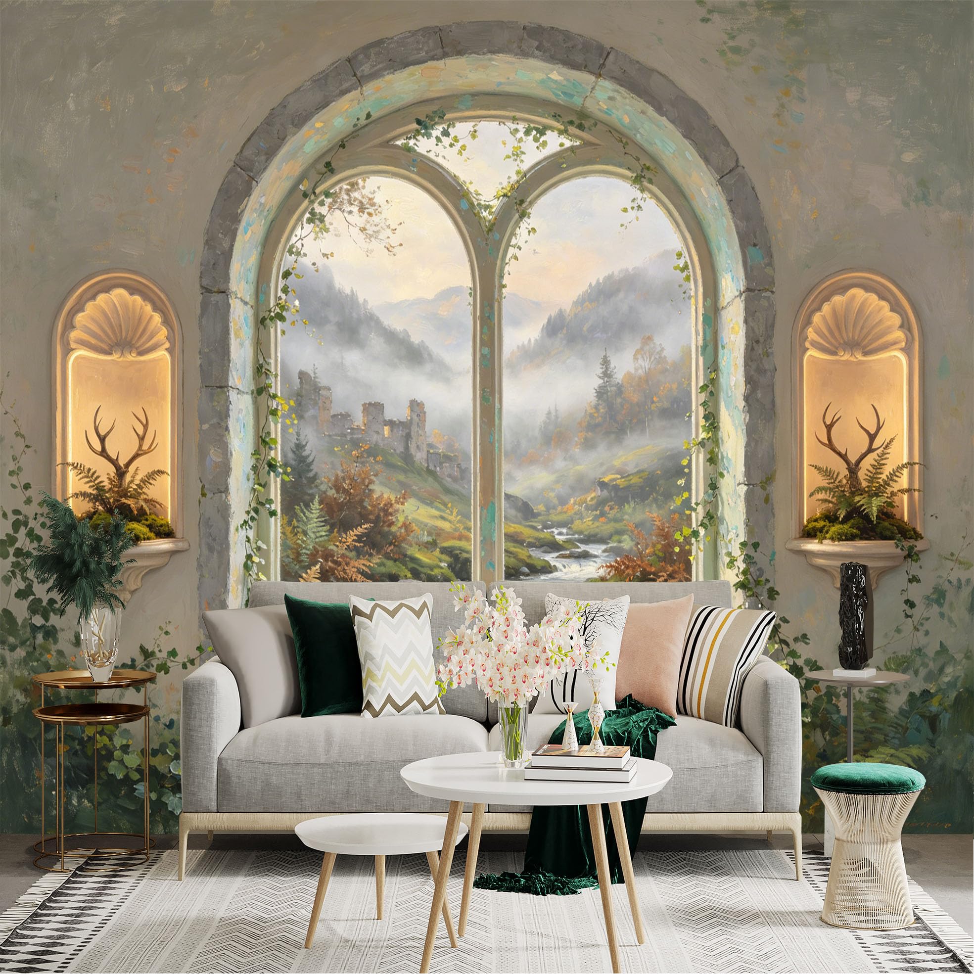 Custom Size Wall Sticker Mural， Scenic Castle View Through Arched Window with Forest River and Ferns， for wall Decoration， peelandstick wall Decals.