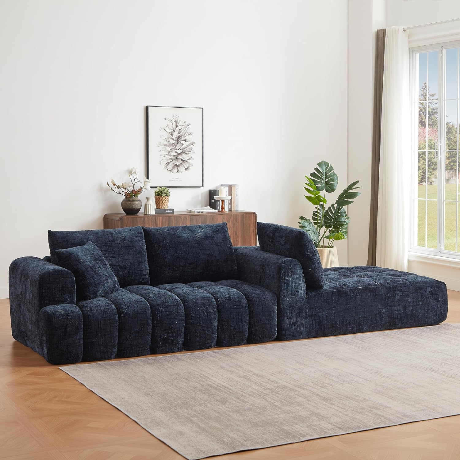 108.3" Chenille Luxury Sectional Oversized Sofa,Mnimalist L-Shape Couch with 2 Pillow,Comfortable Chaise Lounge,No Assembly Required,for Living Room,Reception Area,Dark Blue+Right Recliner