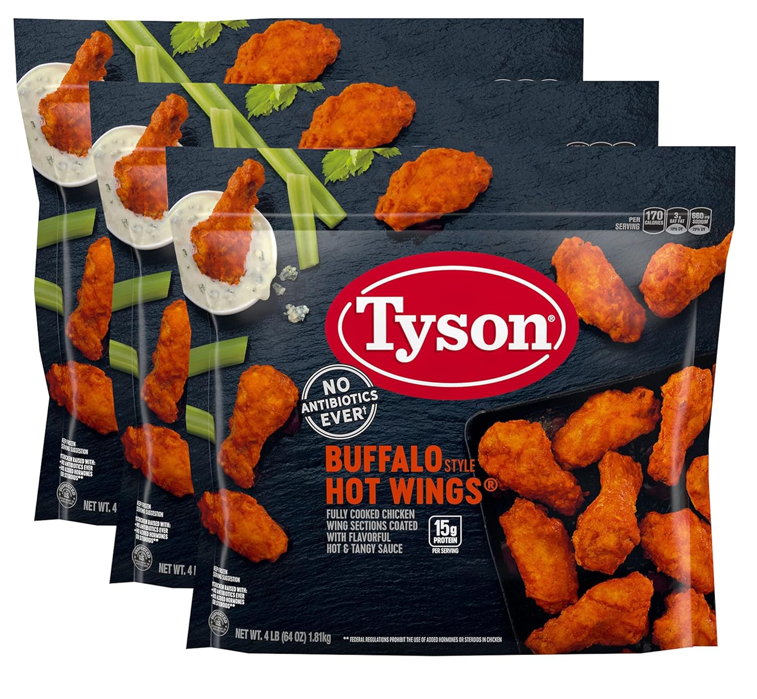 Tyson Fully Cooked Buffalo Style Bone-In Chicken Wings, with Flavorful Hot and Tangy Sauce - 15g Protein Per Serving - 4 Pack (64 oz Each) - Ready Set Gourmet Donate a Meal Program