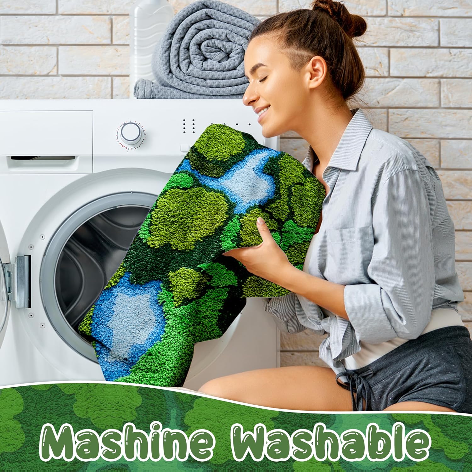 Green Moss Bath Mat for Bathroom: 2'2’’x3'11'' Cute 3D Moss Bathroom Rug for Shower Floor Non Slip Shag Carpet Grass Decor