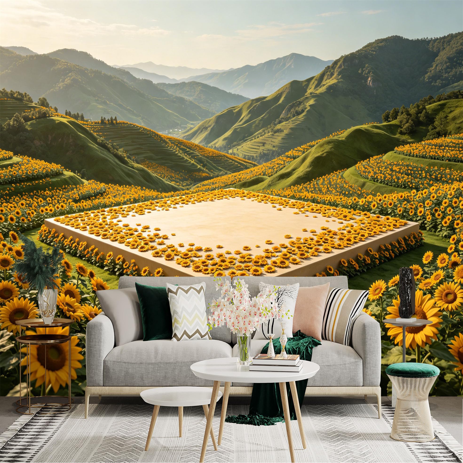 Lnzczhyre Dbh260521860 Custom Size Wall Sticker Mural， Golden Sunflower Field， Rolling Green Hills， Sunny Nature Scenery， Peaceful Meadow Landscape， For Wall Decoration， Peelandstick Wall Decals.