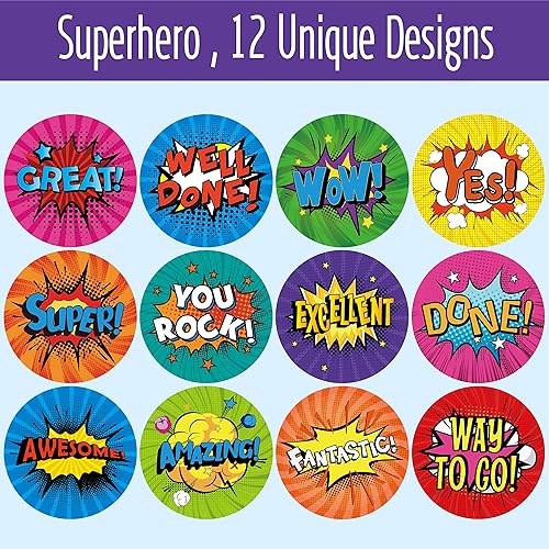 Miniatura 3 de 1000 calcomanías de incentivo de superhéroe, 12 diseños únicos por rollo, calcomanías de premio de clase para profesores, regalos motivacionales de