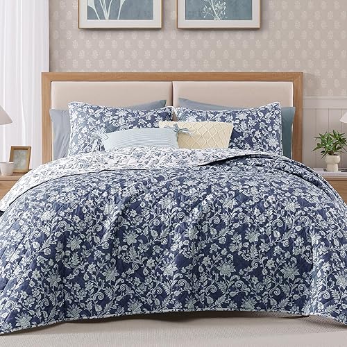 Quilt Set Queen Size, Oxford Blue Floral Quilt Sets, Reversible Bedspread Lightweight and Breathable for All Seasons, Soft Quilted Bedspread with 2 Pillow Shams