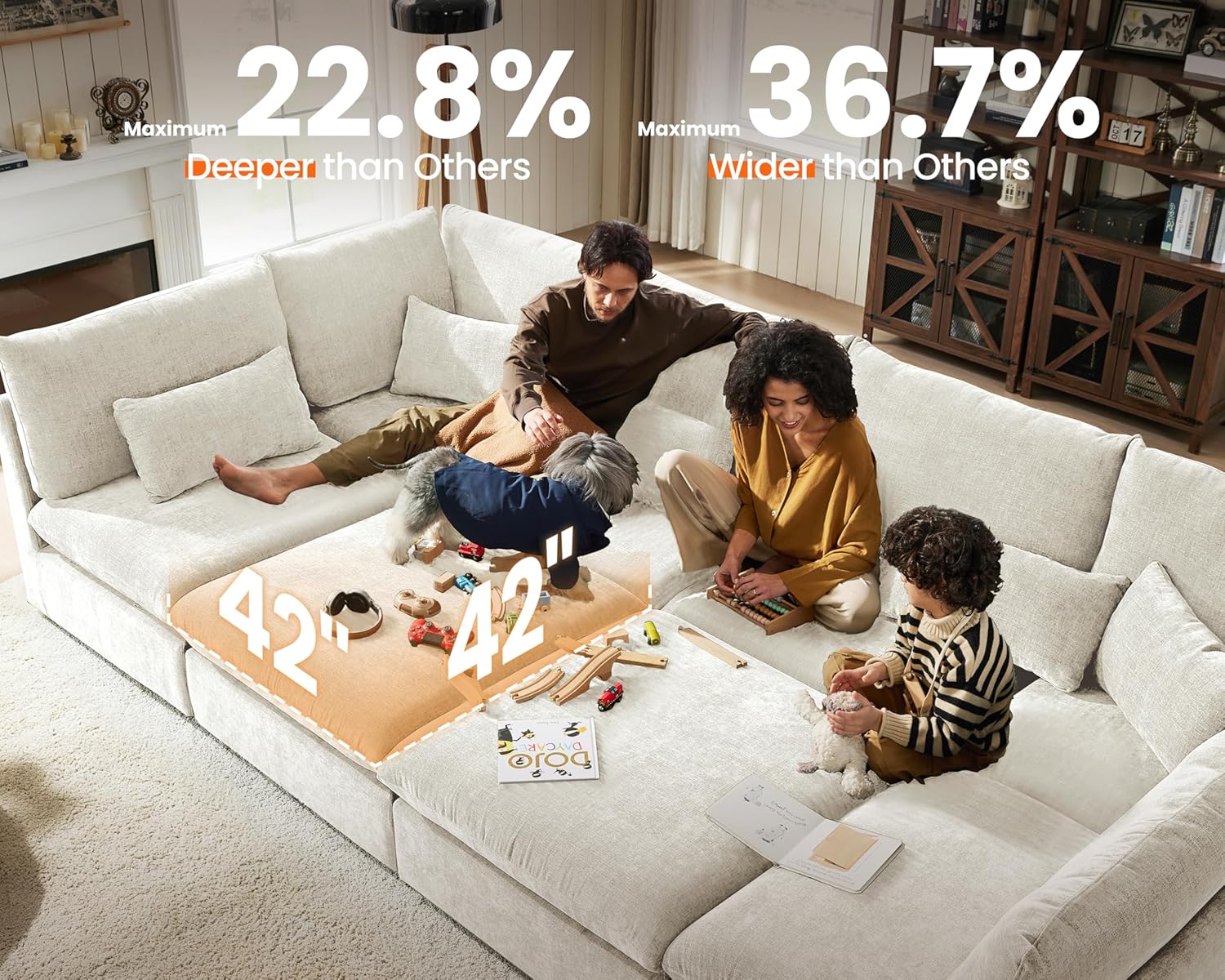 CHIC HOUSE 126" Oversized Chenille Modular Sectional Sofa, Extra Deep 6-Seater Sofa Modern Cloud Couch with Corner&Ottoman, Sectional Sleeper Sofa for Living Room, V-Shaped, Chenille, Beige