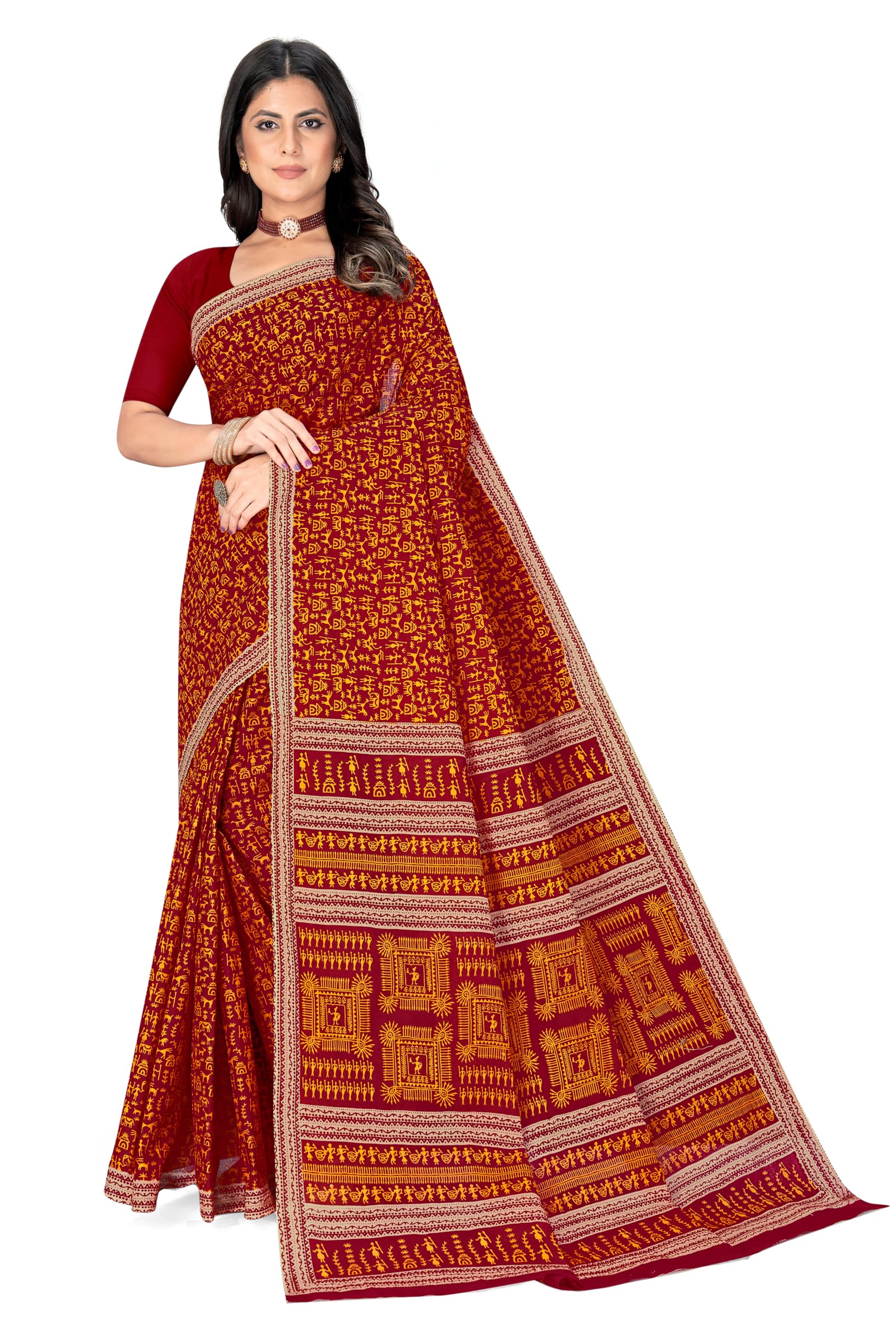 Tamaira Fashion Women's Warli Printed Pure Cotton Mulmul Saree Without Blouse Piece(2535_Maroon)