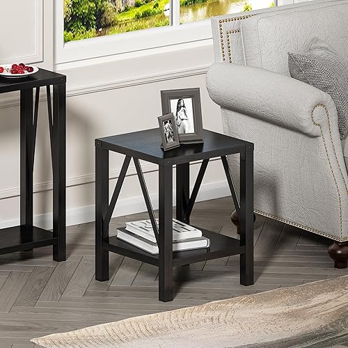 Miniatura 2 de Treocho Juego de 2 mesas auxiliares rústicas vintage con estante para sala de estar, dormitorio, blanco antiguo y marrón