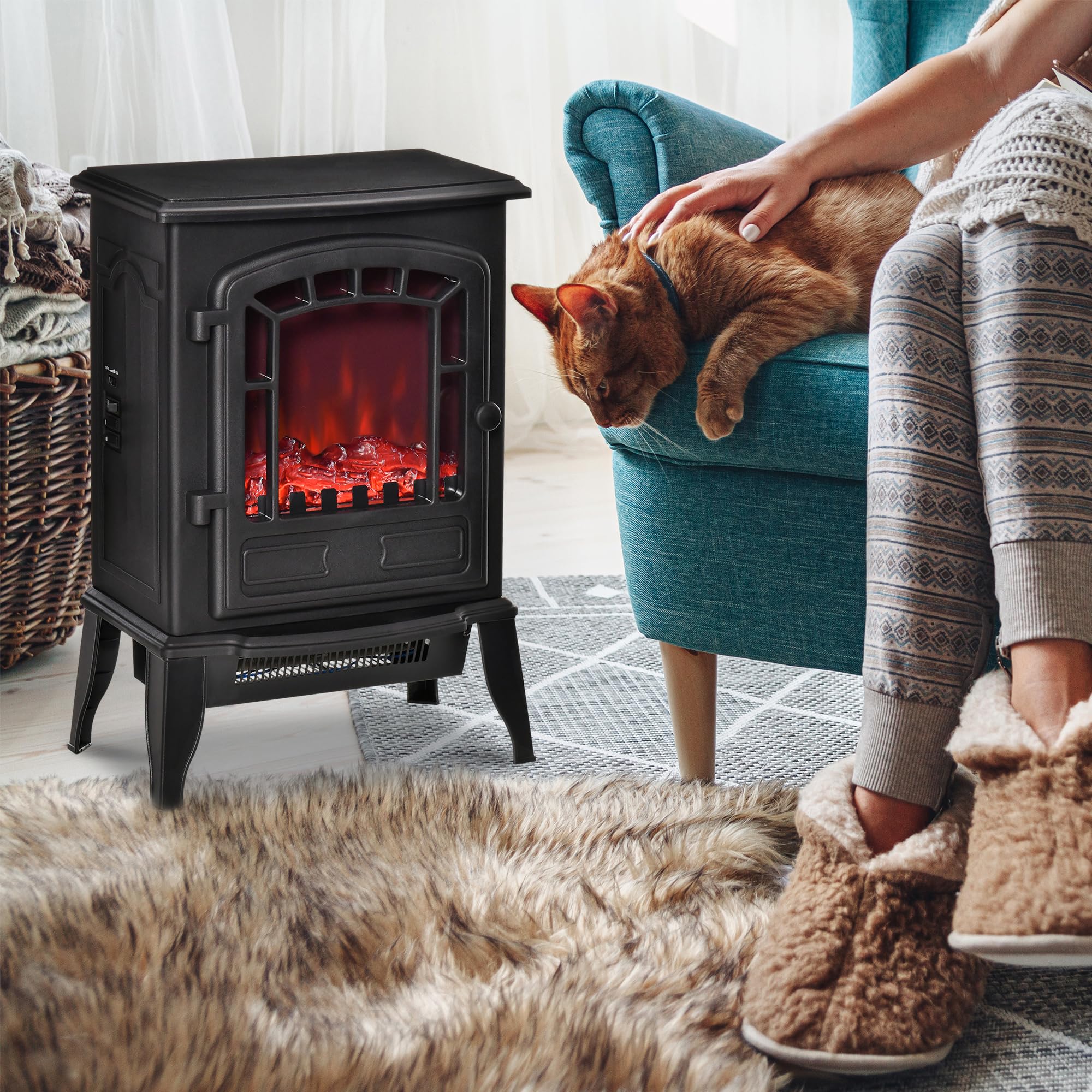 HOMCOM Camino Elettrico con Effetto Fiamma, Caminetto Elettrico 1000/2000 W con Temperatura Regolabile e Protezione da Surriscaldamento, Copertura 20-25m², 39x24x56.5cm, Nero