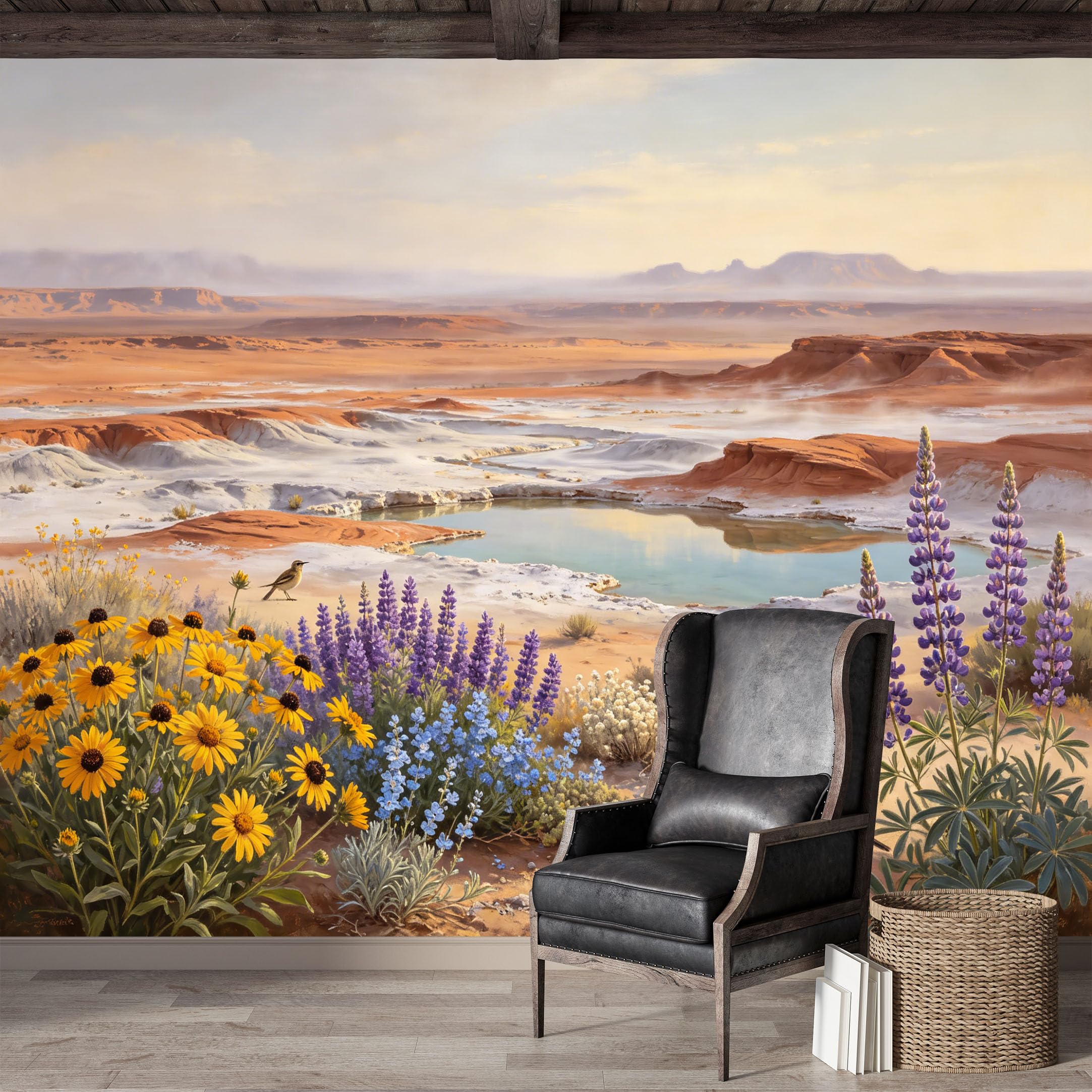 Custom Size Wall Mural,Desert Landscape Pastel Watercolor Blooming Wildflowers Birds Premium Water Activated SelfAdhesive Wallpaper,Removable Wall Covering for Indoor Home Decor