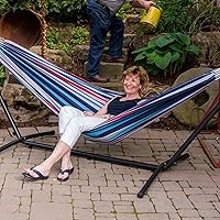 Vista 5 de Vivere - Hamaca doble de algodón con soporte de acero que ahorra espacio, cuerdas de extremo de poliéster mejoradas, capacidad de 450 libras