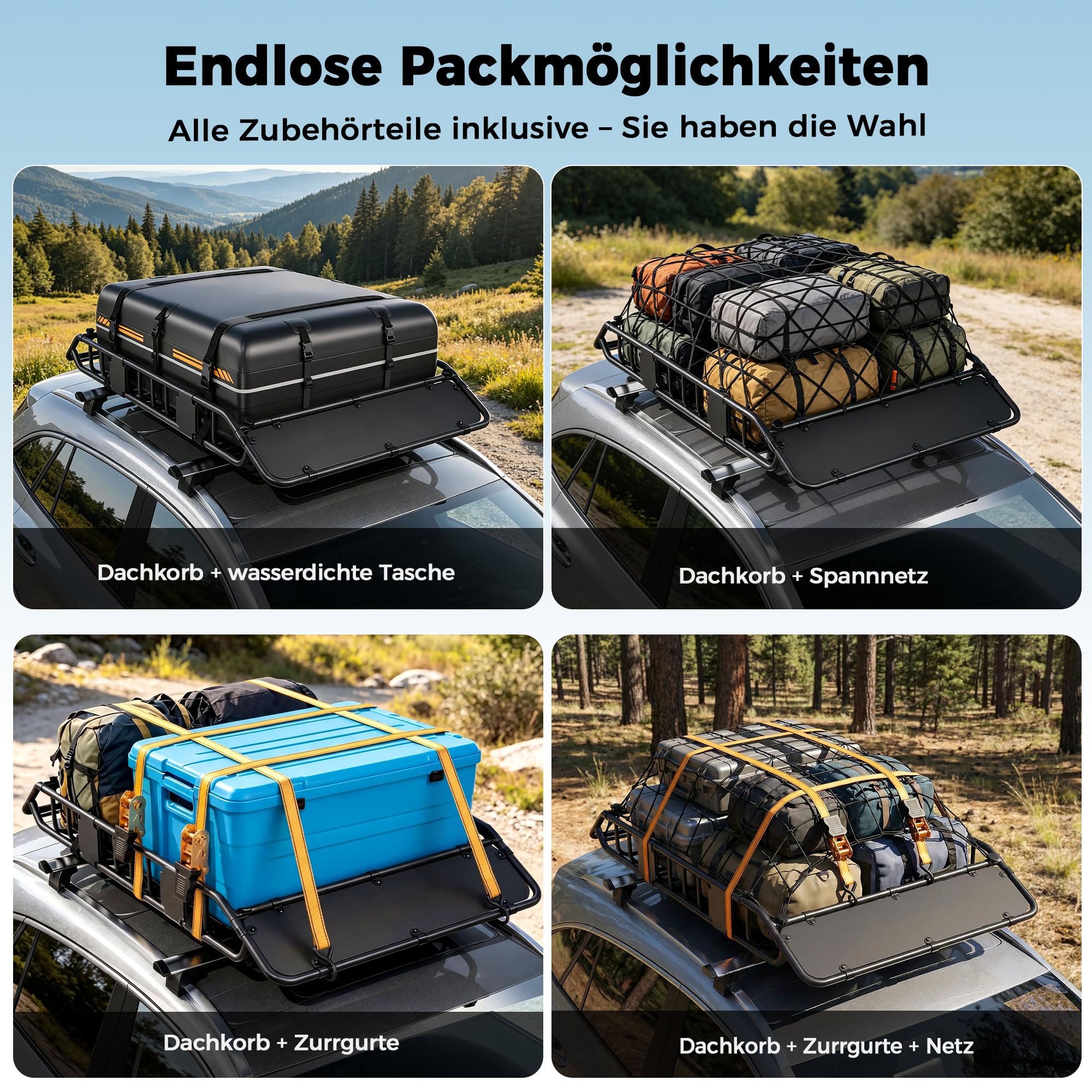 Dachgepäckträger 137 x 86 x 15 cm mit wasserdichter Dachtasche 425L | 90kg Tragfähigkeit, Verstellbare Trennstange, Gepäcknetz, Spanngurte & Schlösser, Universal für SUV Pickup Camping