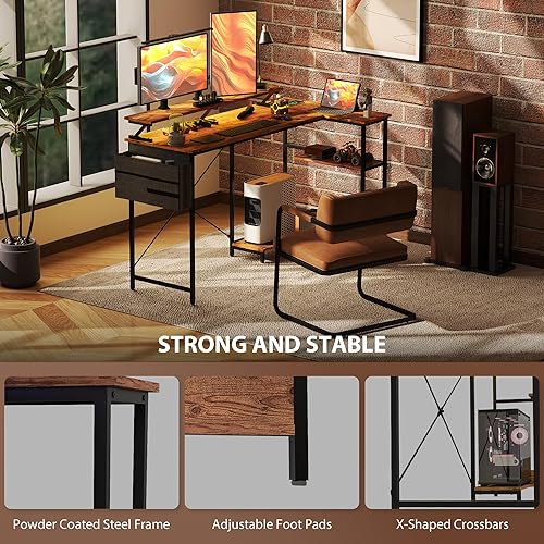 Miniatura 9 de HOMCOM Escritorio para juegos en forma de L de 58 pulgadas con tomas de corriente y luces LED, escritorio reversible para computadora con soporte