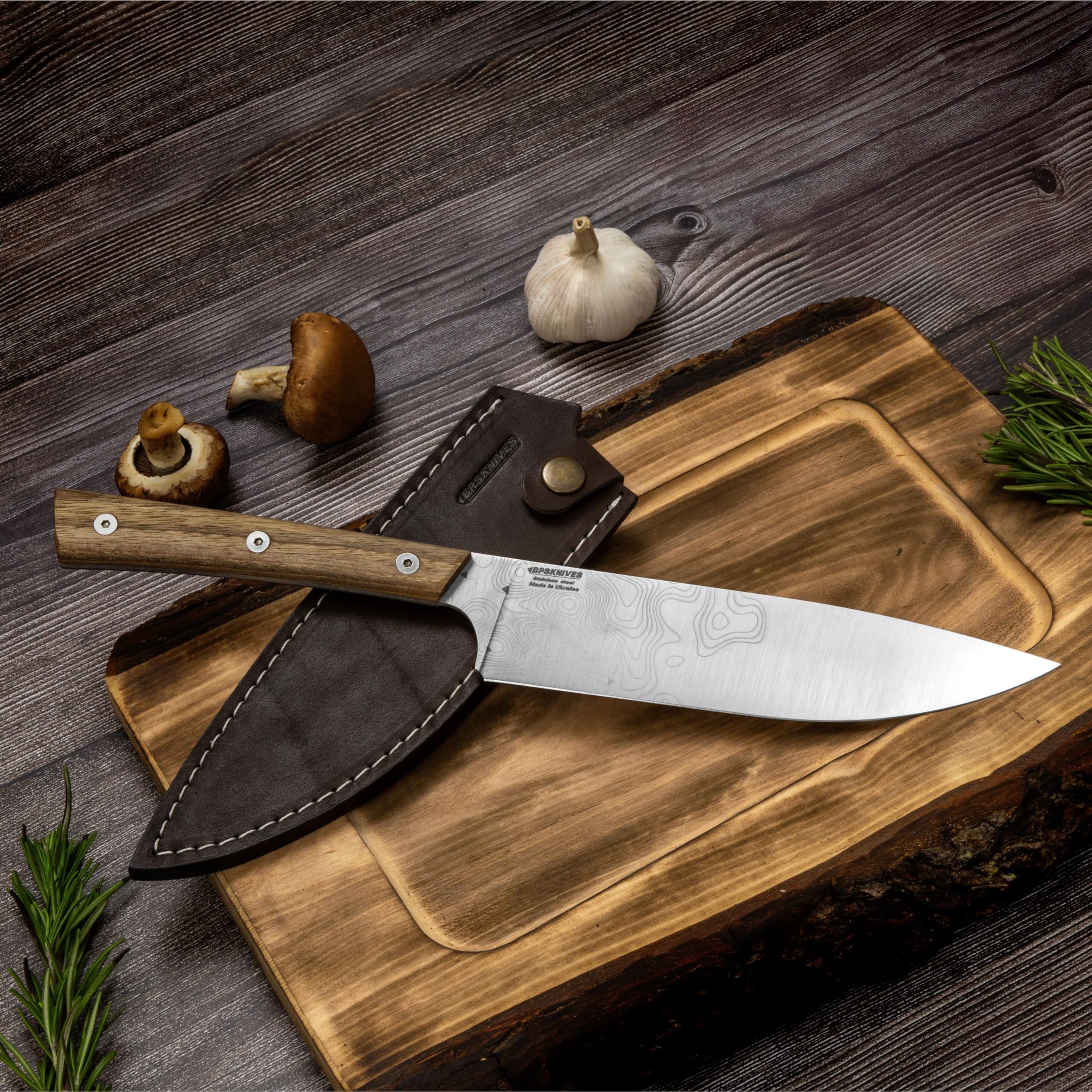 BPSKNIVES Rosemary - Couteau de avec étui en cuir - Couteau de chef professionnel super tranchant de cuisine en acier inoxydable de qualité supérieure - Cadeaux pour homme