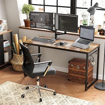 VASAGLE Study, Computer, Office Desk, 8 Hooks, 140 x 60 x 75 cm, Study Room, Home Office, Office, Metal, Industrial Design, Vintage Brown/Black LWD59X