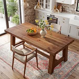 63-Inch Solid Wood Dining Table for 4-6 People, Farmhouse Kitchen Table with Thick Top & Trestle Base