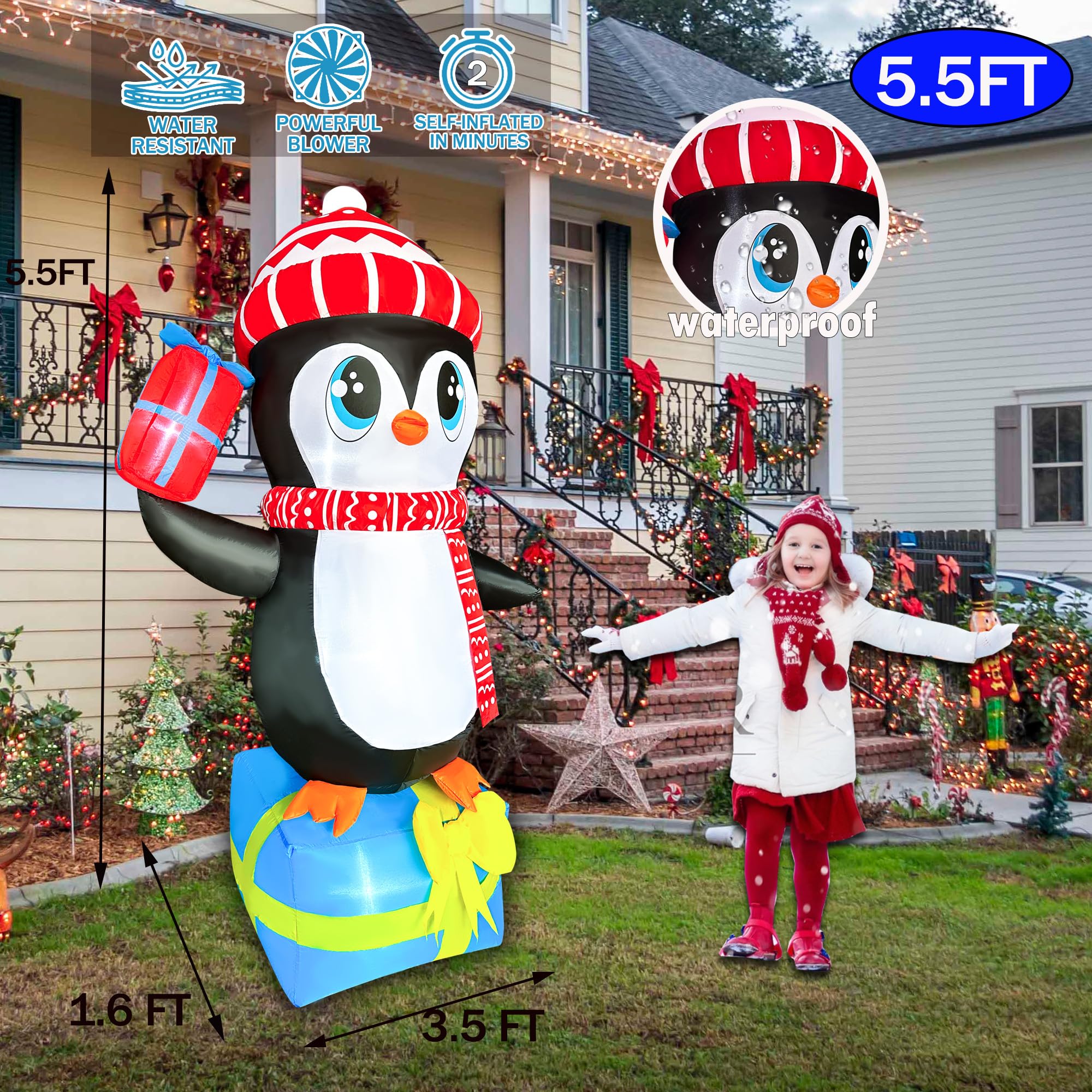 JOYEASE 1,5 m gonfiabili di Natale pinguino in piedi in confezione regalo decorazioni illuminate a LED di Natale Blow up per feste interni esterni giardino cortile decorazione