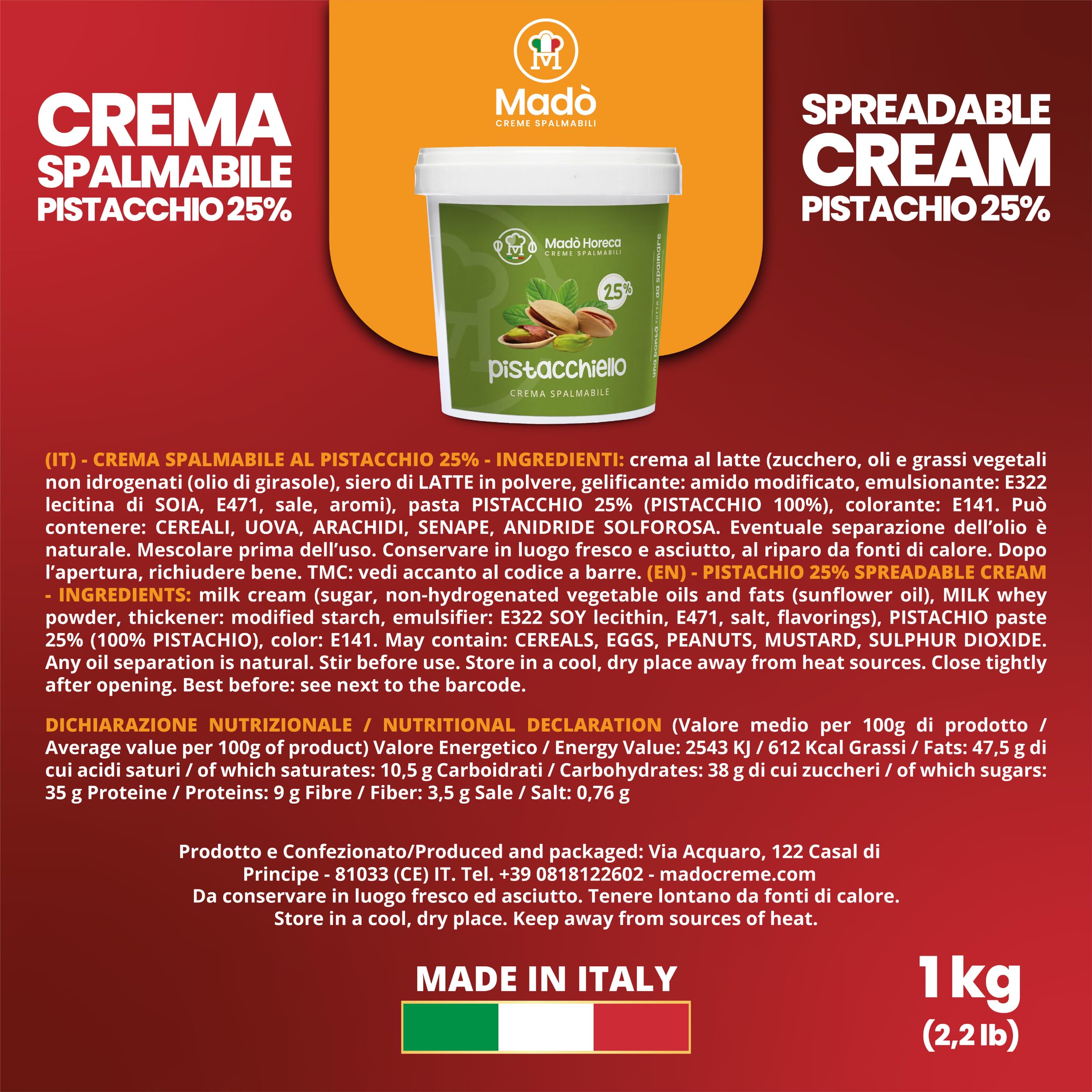 MADÒ Crema Spalmabile al Pistacchio Artigianale MADE IN ITALY - Creme Spalmabili per Panini, Dolci, Colazioni, Prodotti da Pasticceria (1kg)