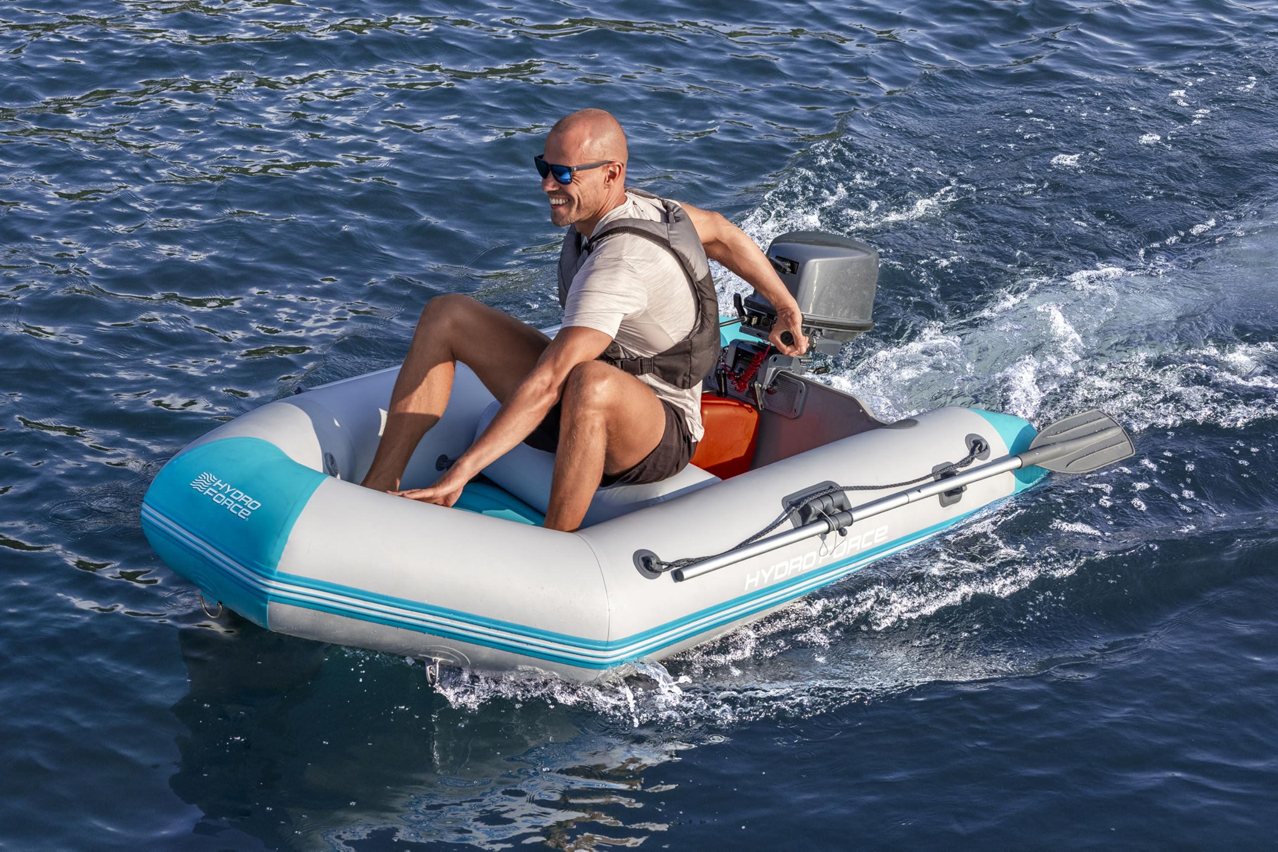 Bestway Hydro Force Sportboot Komplett-Set Corinth Elite, 230 x 130 x 33 cm, 2 Erwachsene, bis 280 kg, 3 Luftkammern, TriTech-Material, aufblasbarer Boden, Motorenhalterung, Ruder, Pumpe, Tasche