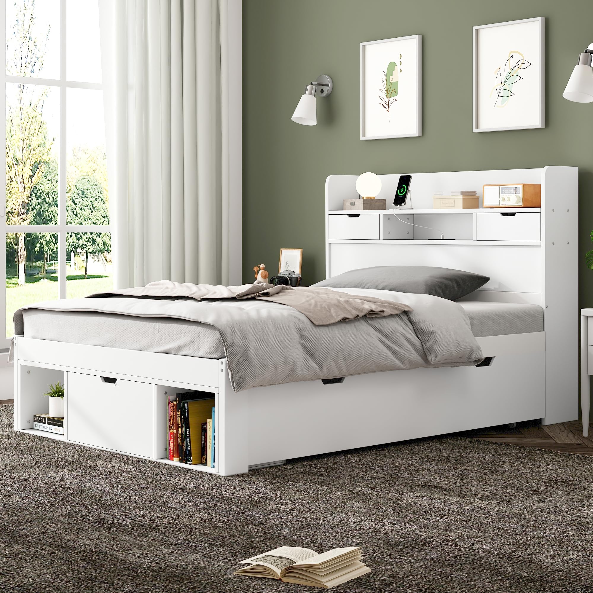 Holzbett Einzelbett 90x200cm mit Schubladen, USB & Stauraum Kopfteil, Massivholz Bettgestell mit Lattenrost, Stauraumbetten, Jugendbett, Kinderbett, ohne Matratze (weiß, 90x200)