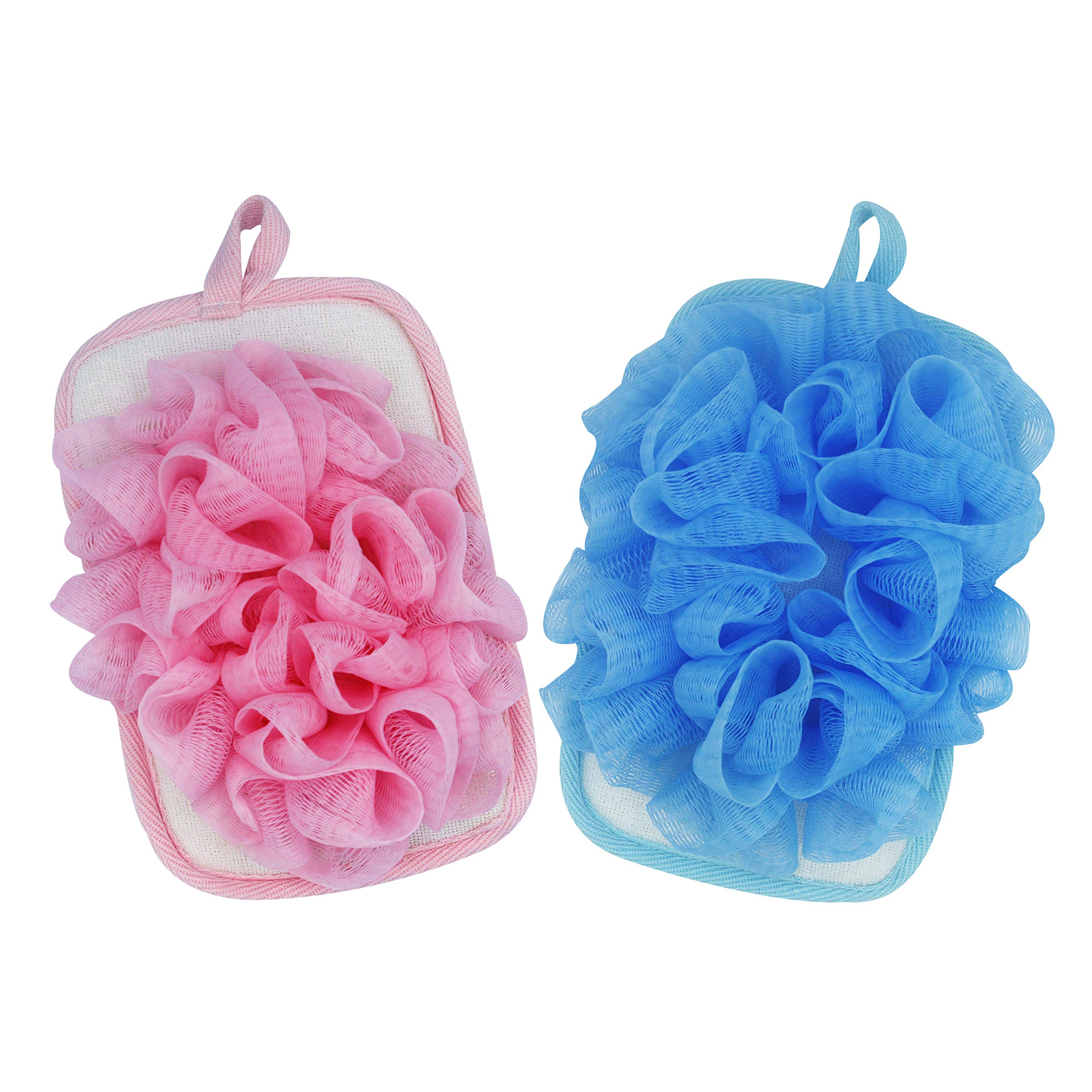 Bleu Bath (2 Pack) Exfoliating Bath Sponge Body Loofah Mitt Pad Shower Pouf Elastic Hand Strap Mesh Sponge Shower Scrubber