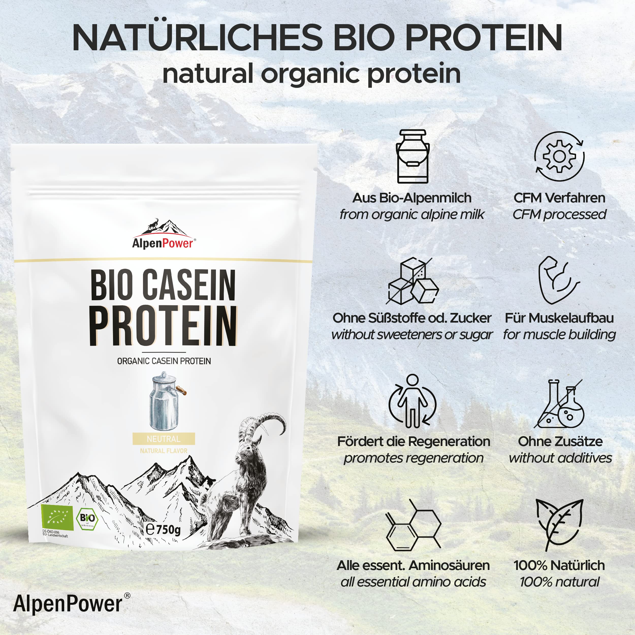 AlpenPower proteina caseina micellare biologica con BCAA e aminoacidi - 100% proteine della caseina in polvere senza additivi - a base del miglior latte d'alpeggio biologico - 750 g