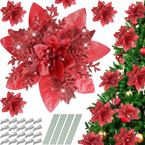 Serwalin 20 flores artificiales para árbol de Navidad, flores de pascua rojas artificiales, adornos de Navidad con purpurina con clips, tallos de A