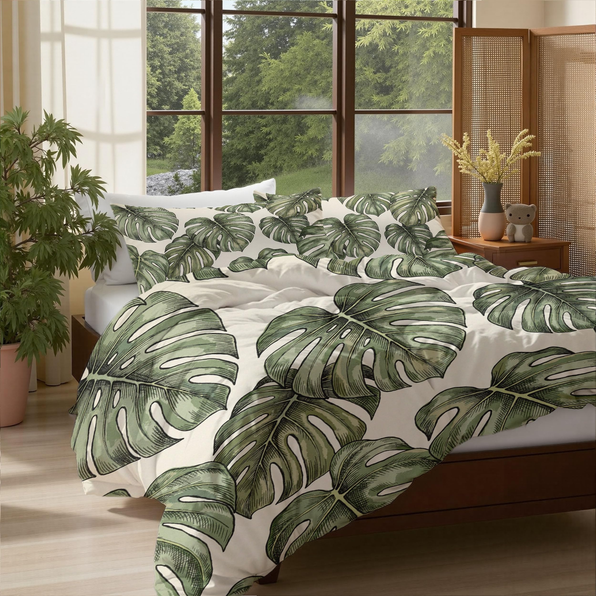 Housse de Couette 240x260 Vert Monstera pour Créer une Ambiance Jungle Vintage dans la Chambre