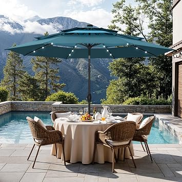 Sophia & William 10ft Patio Umbrellas 3-Tier Umbrella Outdoor Patio Umbrellas with Lights Vented Top 24 LED lights Adjustable Tilt for Pool Garden Backyard, Mixed Peacock
