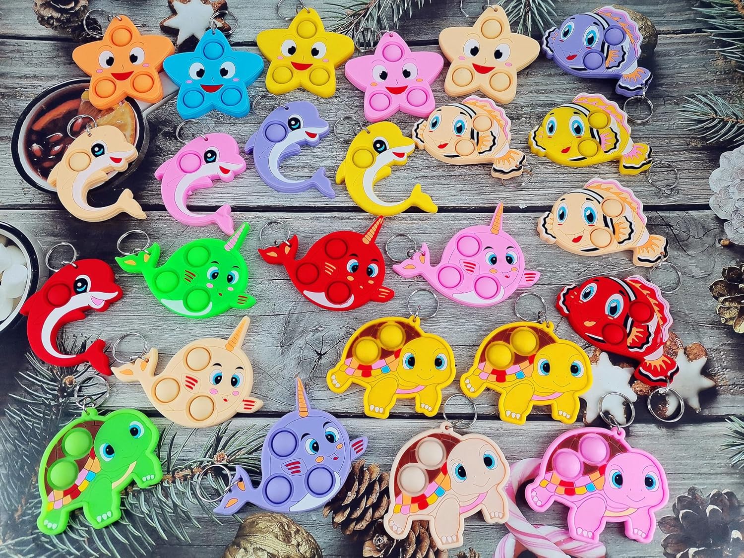 24 Packs Bulk Ocean animals Fidget Bubble Mini Pop Fish Keychain, Holiday Party Favors Supplies Classroom summer Student gifts