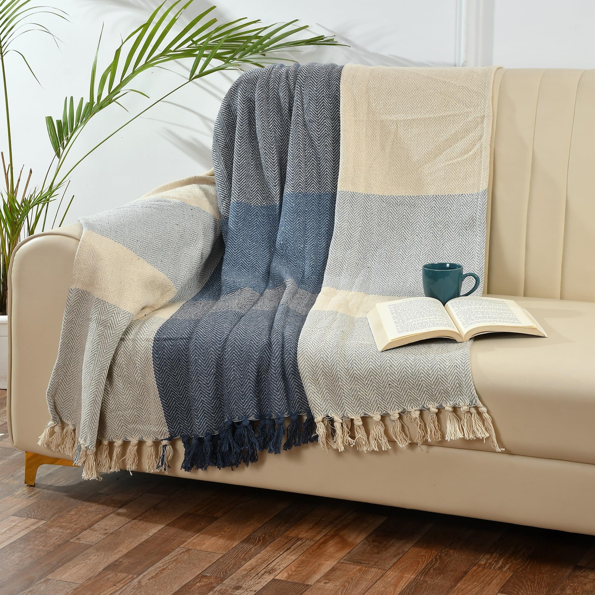 SASHAA WORLD Blue and White Cotton Throw | Ideal for Your Home, Living Room, Sofa, Bed, Chair, Picnic & Used for Gift | 60X80 inches| TC - 125-image-0