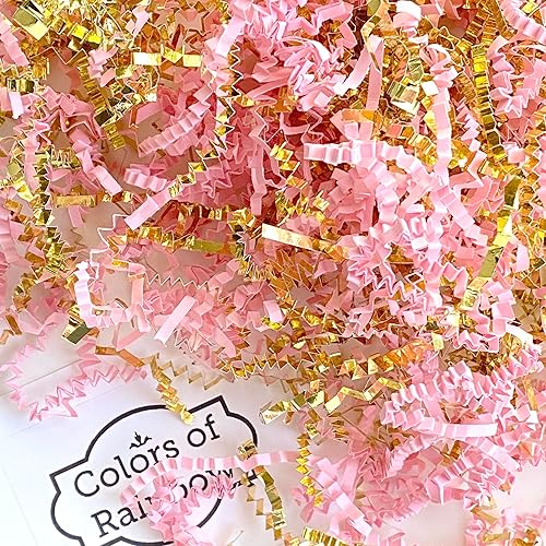 Colors of Rainbow - 3 oz - Oro y rosa - Papel de corte arrugado de relleno de trituraciones de colores mixtos para relleno de caja de regalo de