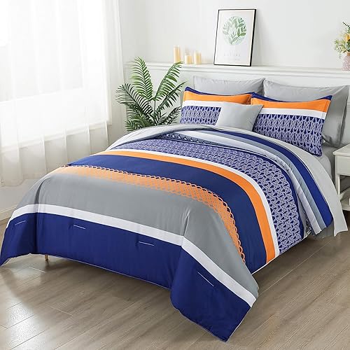 Miniatura 2 de Juego de edredón de 8 piezas de cama en una bolsa, tamaño King, edredón de rayas azules de retazos con sábanas, juego de ropa de cama bohemio de