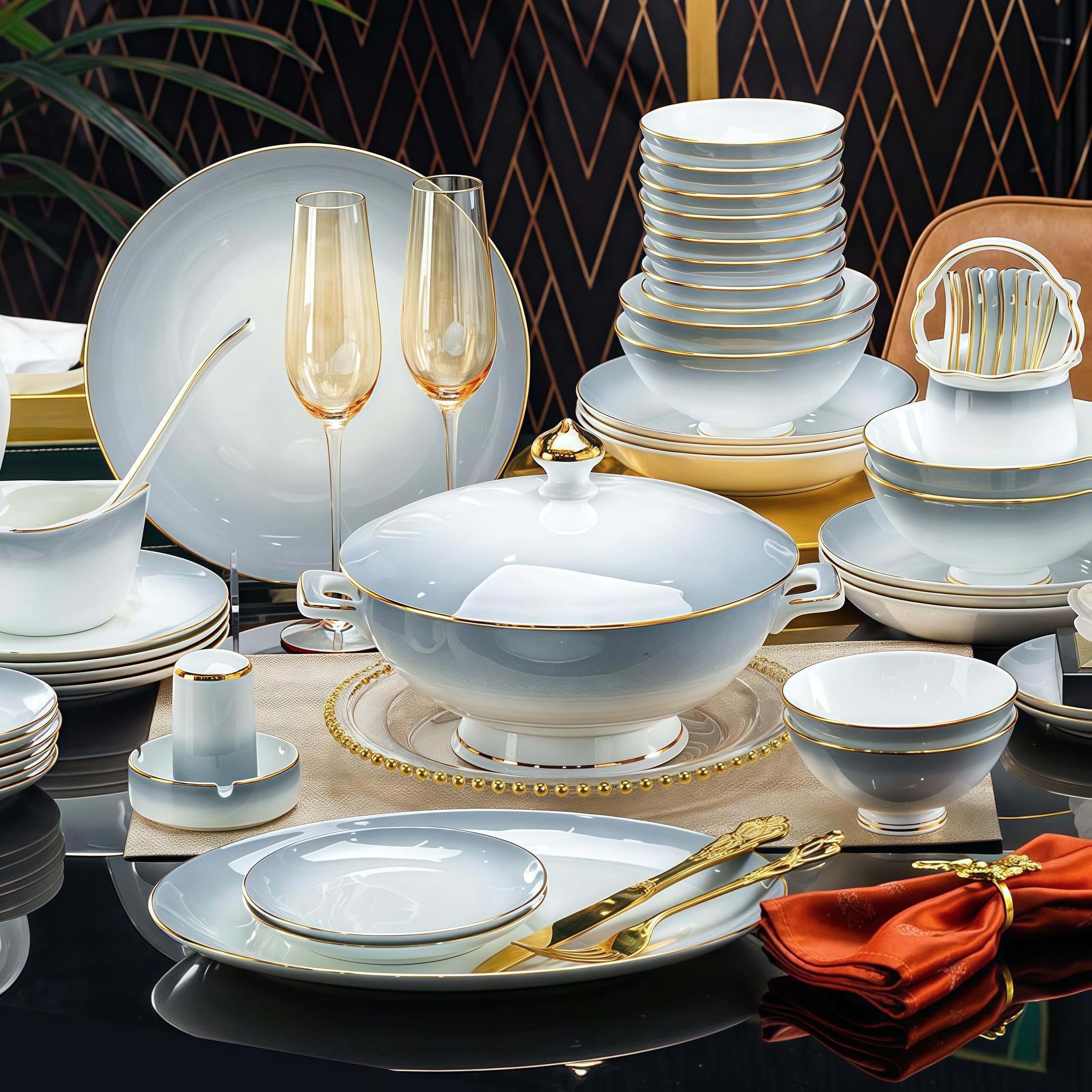 60 Pcs, Top Ceramic Bone China Dinnerware Set, Fine China