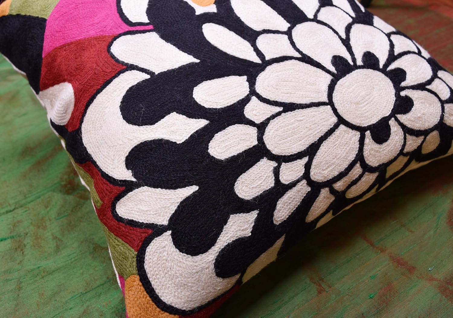 Black Daisy Floral Pillow Cover Flower Pillowcase Outdoor Suzani Accent Cushion Traditional Chair Cushions Hand Embroidered Wool Size - 18x18