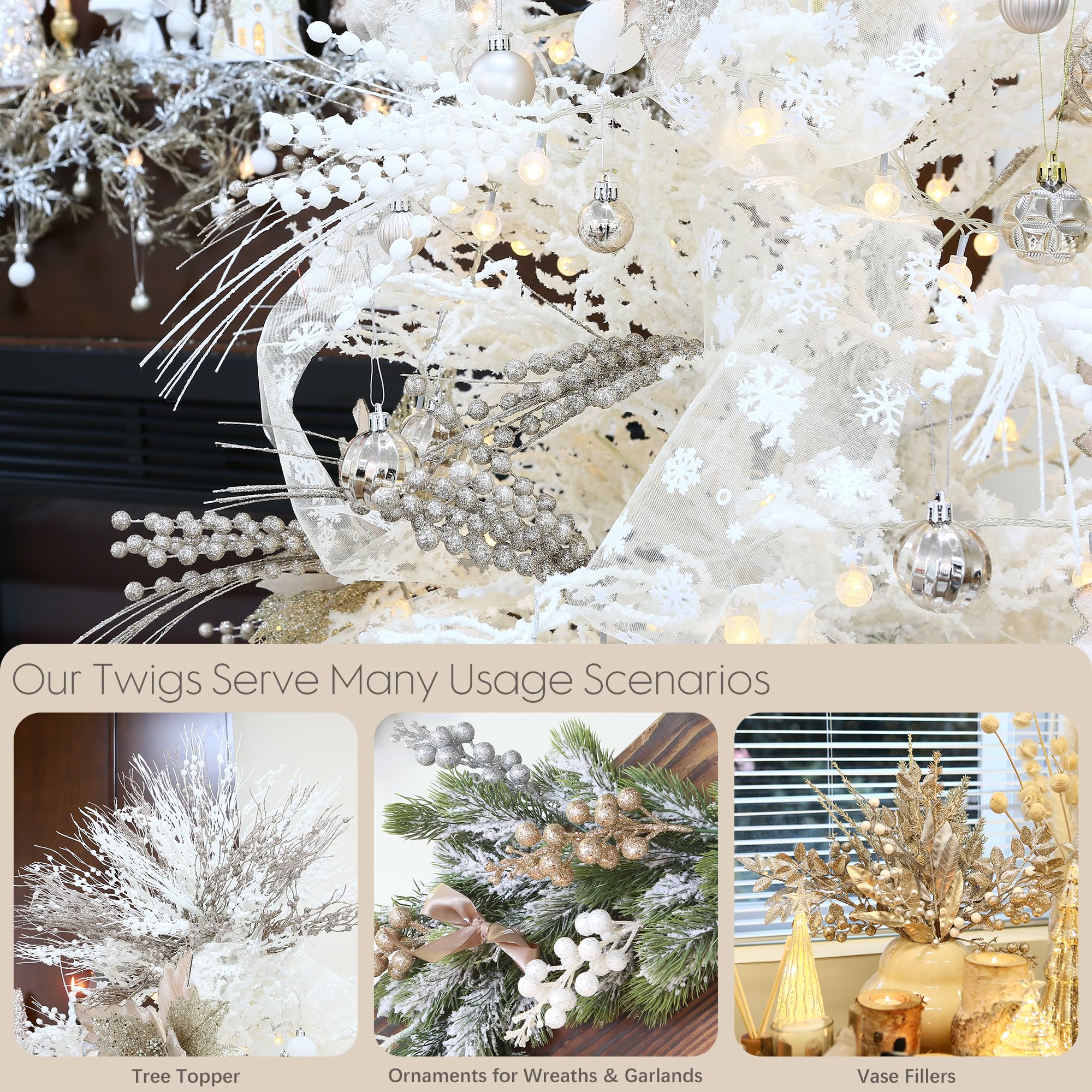 Sea Team 24-Pack Decorative Christmas Tree Branches, Fluffy Glittery Bead Twigs, Tree Toppers, Vase Fillers, Stems, Picks for Christmas Tree, Wreath, Garland, 16.5-Inch, Champagne - Image 3