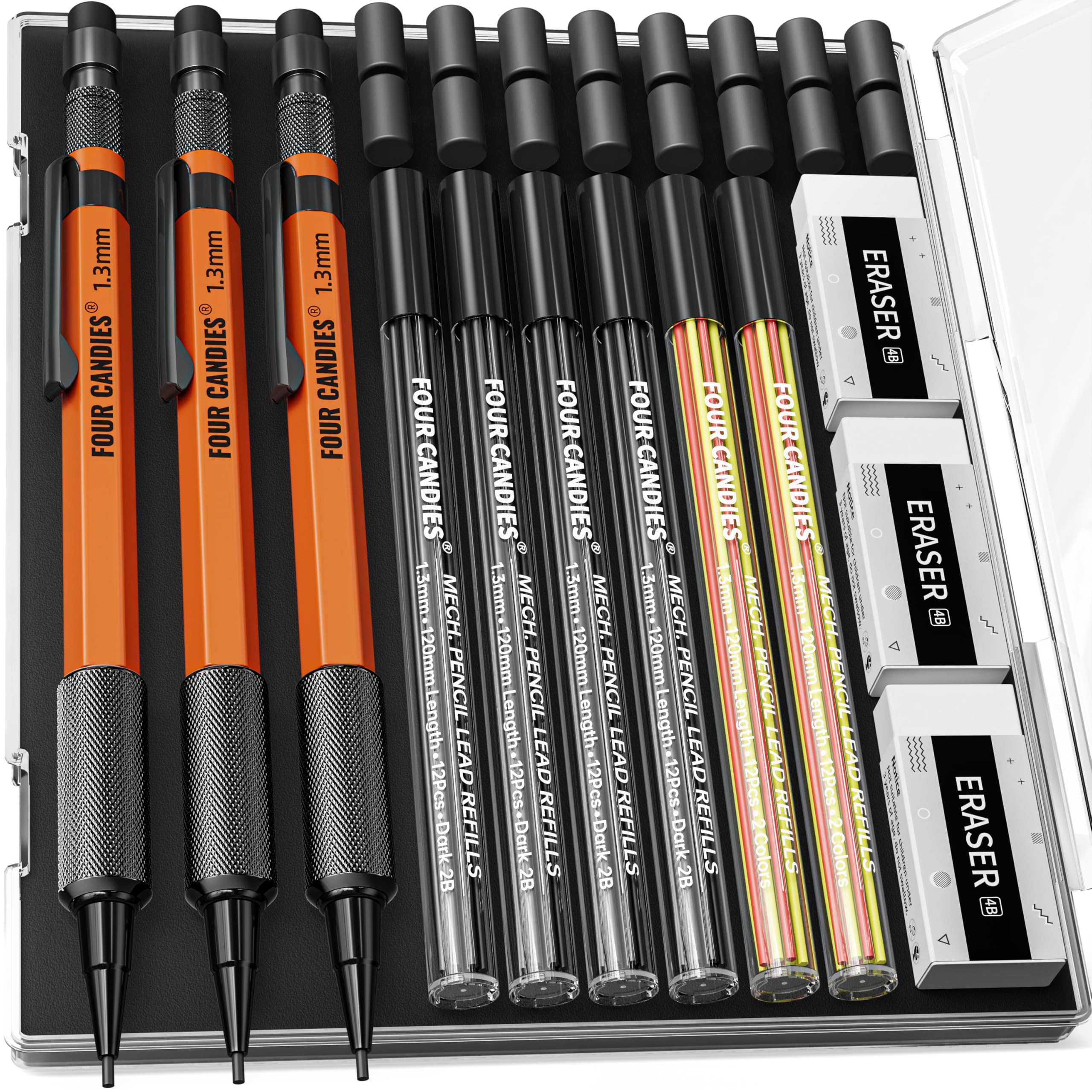 Four Candies 3PCS 1.3mm Mechanical Pencil Set with Case, Metal Heavy Duty Carpenter Pencils with 48 Refill(Red,Black,Yellow) 3Eraser, 12Eraser Refill, Weatherproof Body Outdoor Woodworking Marking