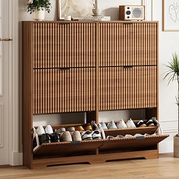 HUANLEGO Shoe Cabinet Storage for Entryway with 6 Flip Drawers, Walnut