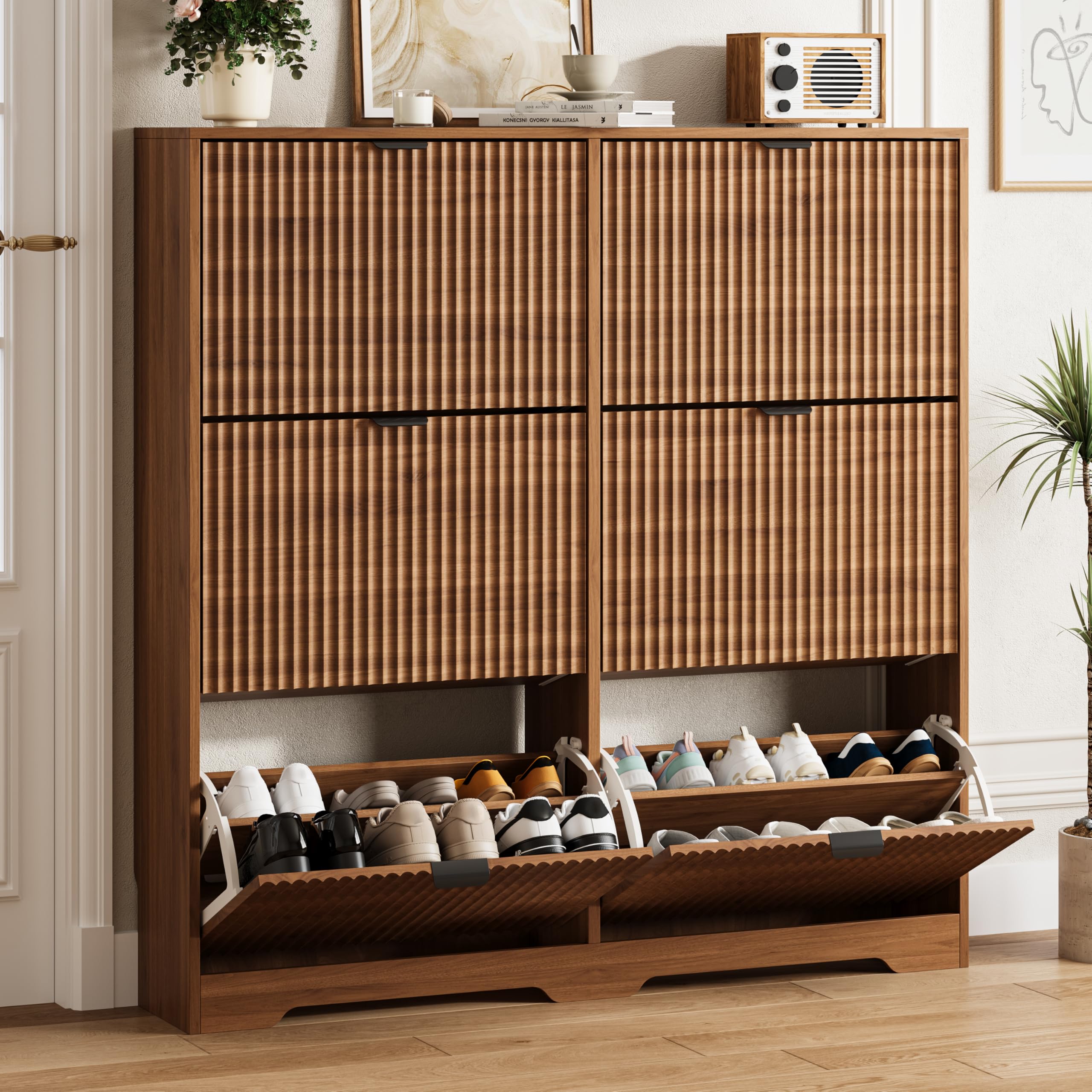 HUANLEGO Shoe Cabinet Storage for Entryway with 6 Flip Drawers, Walnut