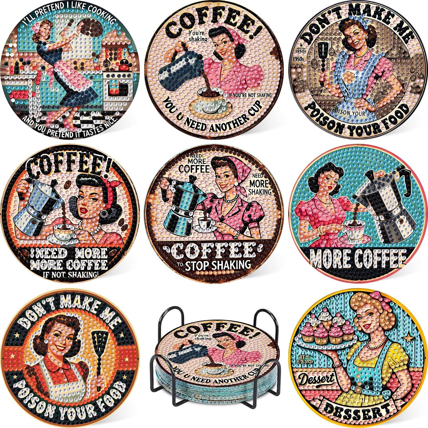 8 Pcs Diamond Art Coasters Kit with Holder, Coffee Diamond Painting Coasters Complete Kit, Gem Art Coaster for Women, Teens and Beginners, Relaxing DIY Craft Gift