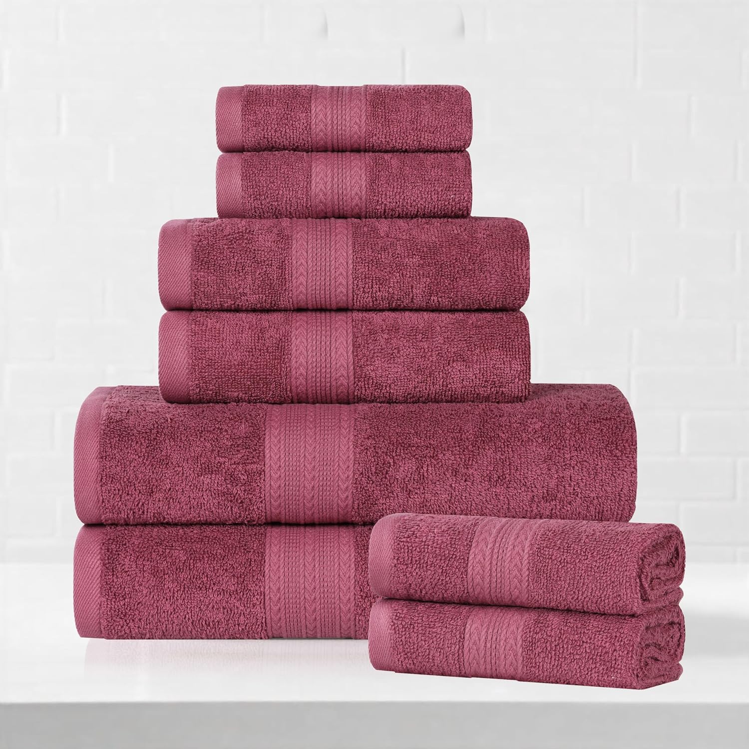 Superior Eco-Friendly Cotton 8-Piece Towel Set, Bathroom, Shower, Quick Dry Home Essentials, Lightweight, Sustainable Towels, 2 Bath, 2 Hand, 4 Face Towels, Washcloth, Highly Absorbent, Rosewood